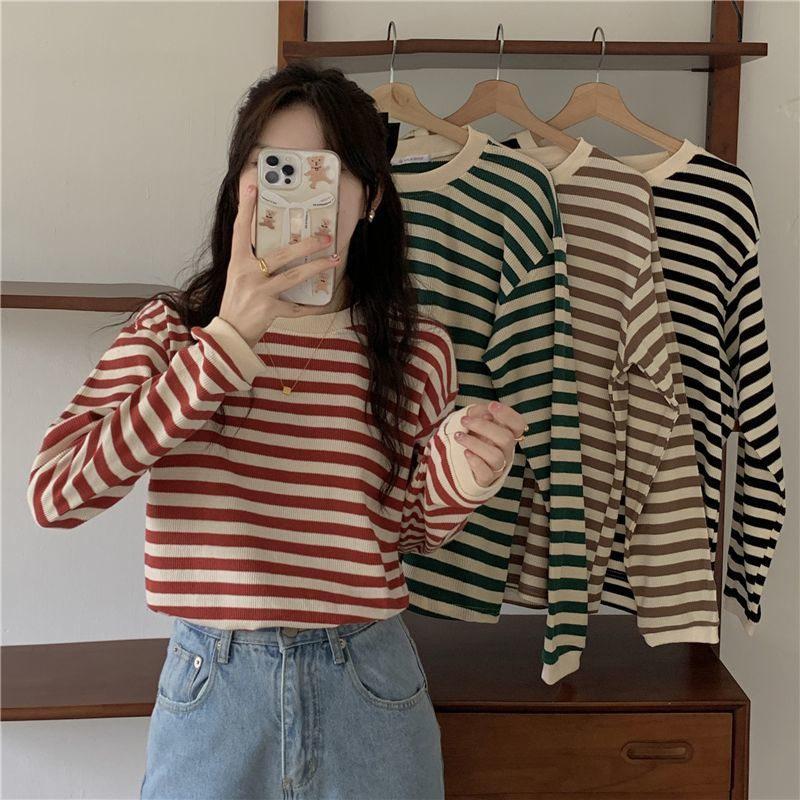 カットソー レディース Tシャツ ストライプ トップス ゆるTシャツ かわいい 重ね着 インナー 薄手 カジュアル 長袖 レイヤード 女性用 