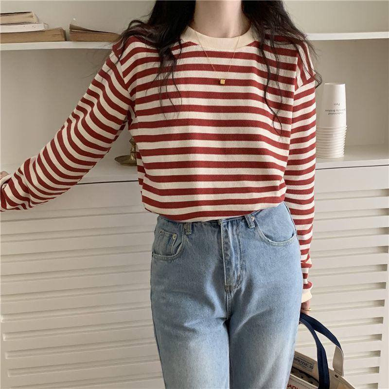カットソー レディース Tシャツ ストライプ トップス ゆるTシャツ かわいい 重ね着 インナー 薄手 カジュアル 長袖 レイヤード 女性用 