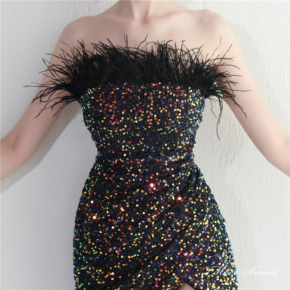 カラードレス マーメイドドレス パーティードレス ビスチェ ベアトップ スリット ウェディングドレス フェザー スパン小さいサイズ 結婚式 二次会 