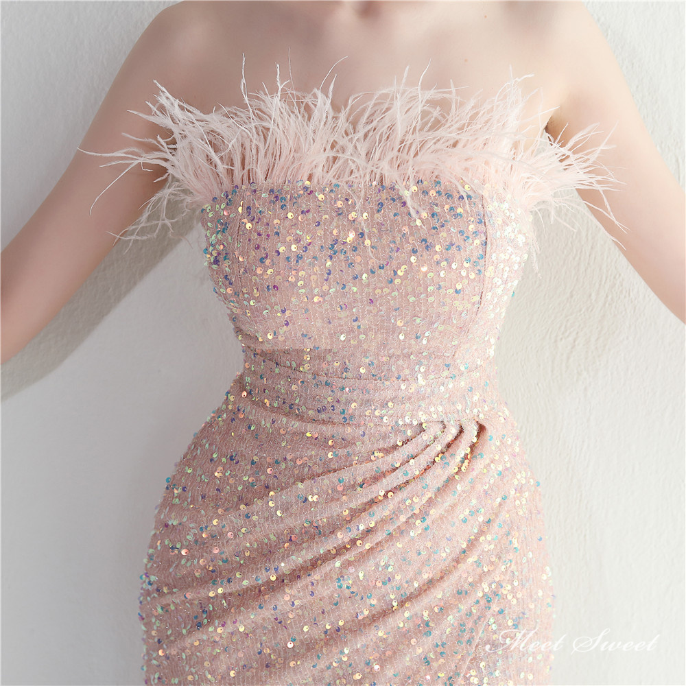 カラードレス マーメイドドレス パーティードレス ビスチェ ベアトップ スリット ウェディングドレス フェザー スパン小さいサイズ 結婚式 二次会 