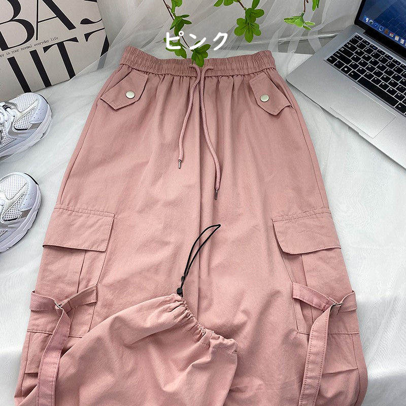 お取り寄せ商品 カーゴパンツ レディース 9COLORS S-XL 2WAY 裾口調整可能 長ズボン ワイドパンツ 九分丈 レトロデザイン 無地 ハイウエスト ストレートパンツ 