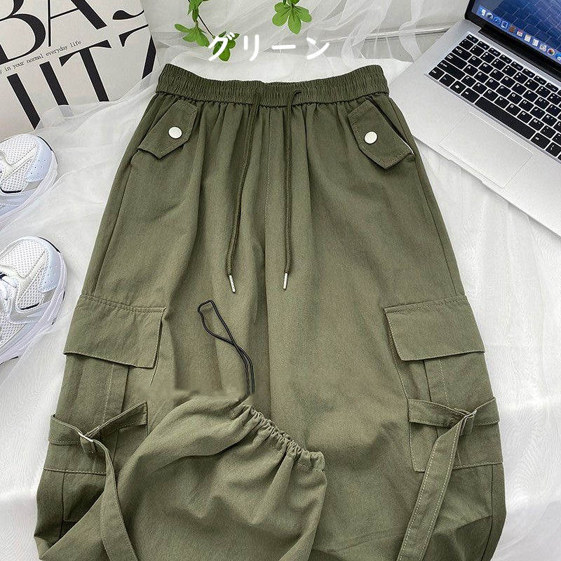 お取り寄せ商品 カーゴパンツ レディース 9COLORS S-XL 2WAY 裾口調整可能 長ズボン ワイドパンツ 九分丈 レトロデザイン 無地 ハイウエスト ストレートパンツ 