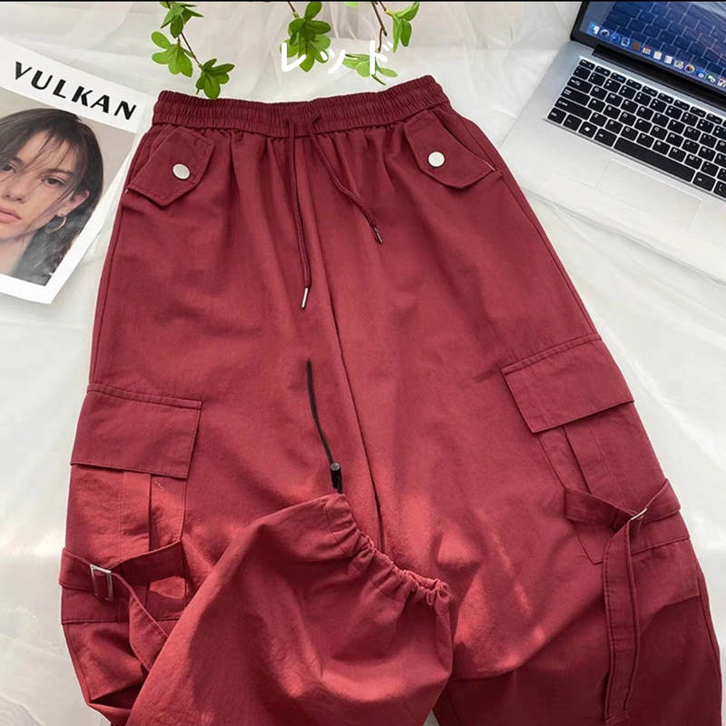 お取り寄せ商品 カーゴパンツ レディース 9COLORS S-XL 2WAY 裾口調整可能 長ズボン ワイドパンツ 九分丈 レトロデザイン 無地 ハイウエスト ストレートパンツ 