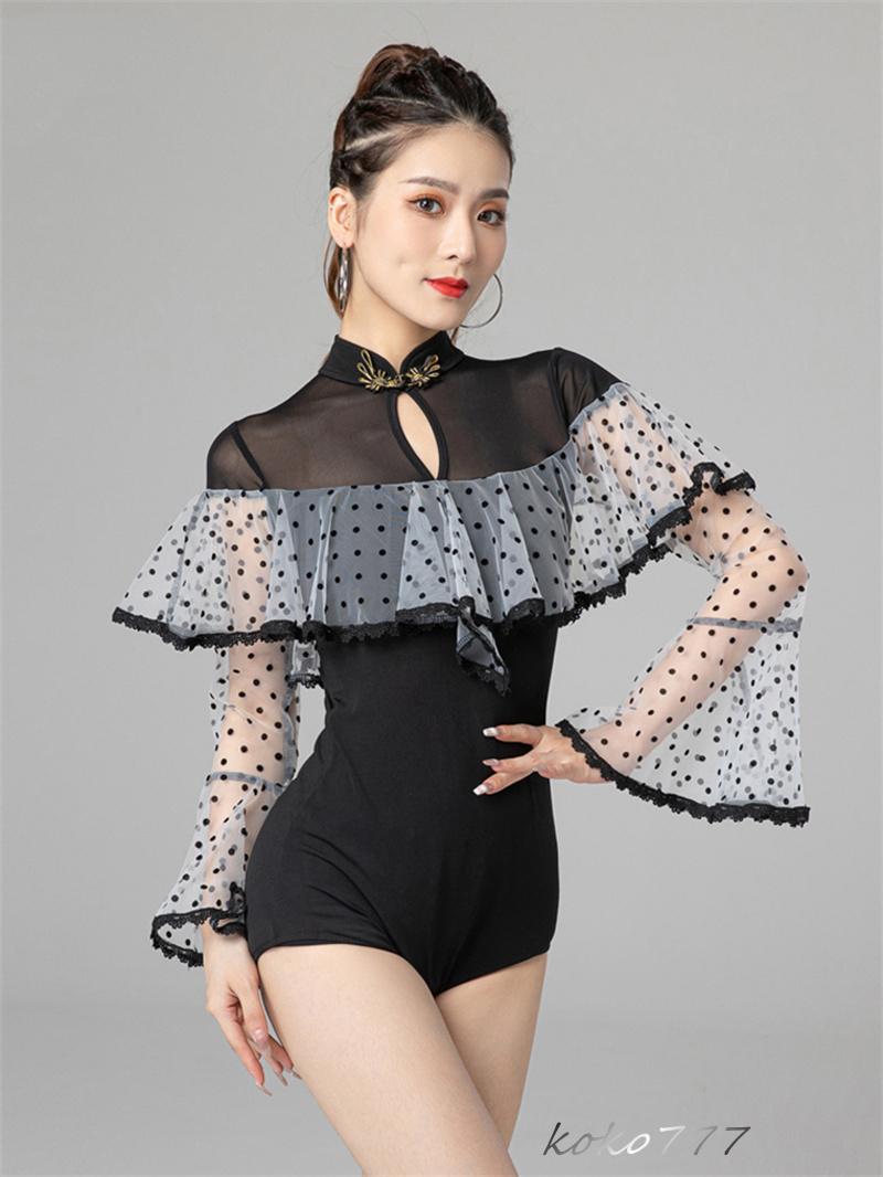 レディース レオタード 上衣 フリンジ ラテンダンス ウェア 学園祭 発表会 部活 トップス モダンダンス 舞台衣装 練習着 体操服 ロンパース 公演 ドット柄 