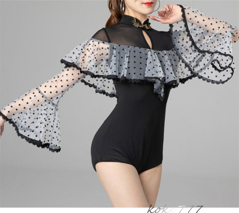 レディース レオタード 上衣 フリンジ ラテンダンス ウェア 学園祭 発表会 部活 トップス モダンダンス 舞台衣装 練習着 体操服 ロンパース 公演 ドット柄 