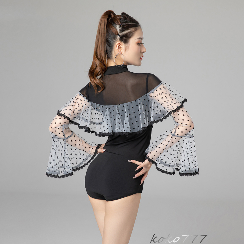 レディース レオタード 上衣 フリンジ ラテンダンス ウェア 学園祭 発表会 部活 トップス モダンダンス 舞台衣装 練習着 体操服 ロンパース 公演 ドット柄 