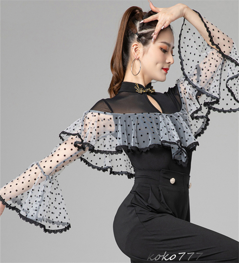 レディース レオタード 上衣 フリンジ ラテンダンス ウェア 学園祭 発表会 部活 トップス モダンダンス 舞台衣装 練習着 体操服 ロンパース 公演 ドット柄 