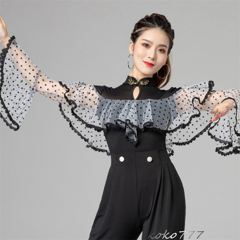 レディース レオタード 上衣 フリンジ ラテンダンス ウェア 学園祭 発表会 部活 トップス モダンダンス 舞台衣装 練習着 体操服 ロンパース 公演 ドット柄 