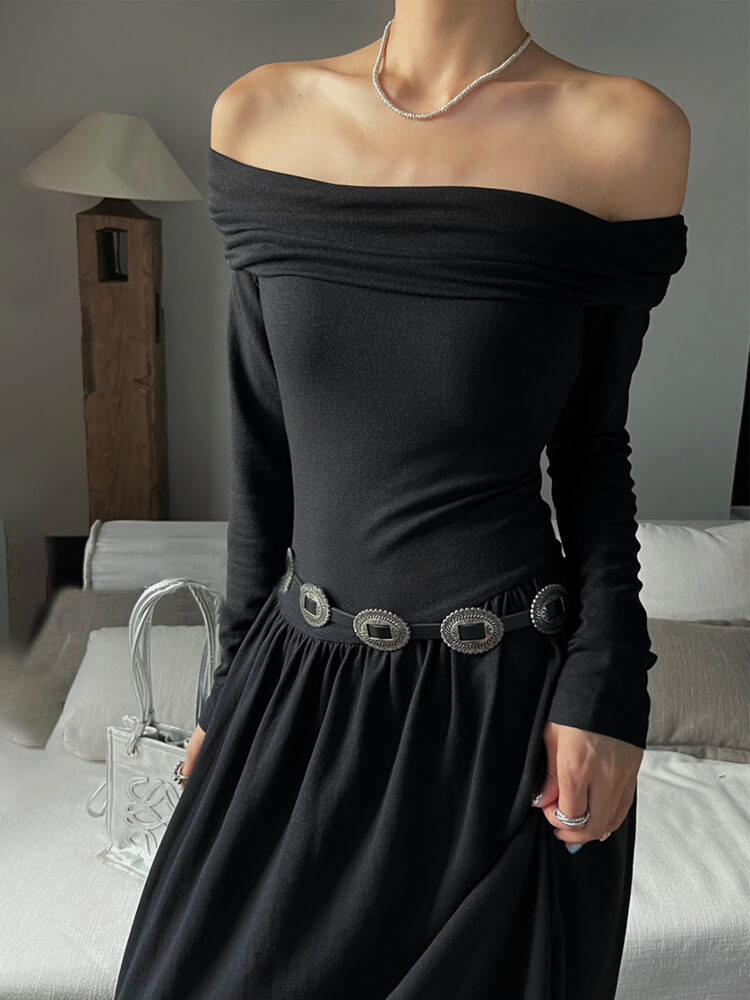 ワンピース レディース 韓国 ロング ストレッチ オフショルダー 長袖 切り替え フィット ロングワンピース セクシー スラッシュドネック 