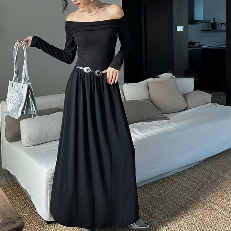 ワンピース レディース 韓国 ロング ストレッチ オフショルダー 長袖 切り替え フィット ロングワンピース セクシー スラッシュドネック 