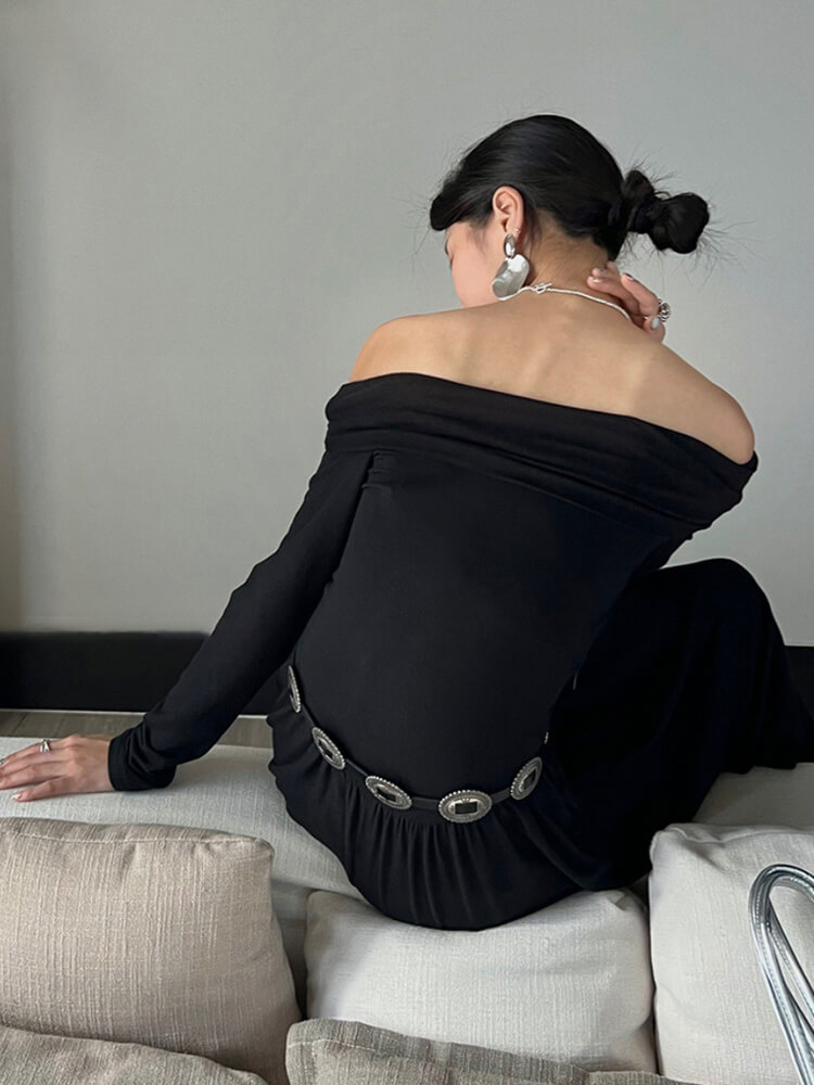 ワンピース レディース 韓国 ロング ストレッチ オフショルダー 長袖 切り替え フィット ロングワンピース セクシー スラッシュドネック 
