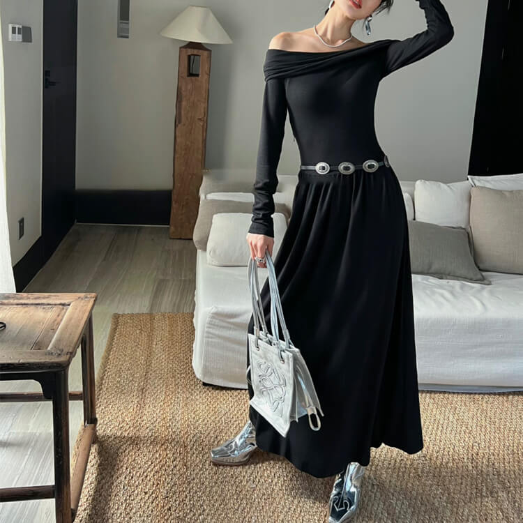 ワンピース レディース 韓国 ロング ストレッチ オフショルダー 長袖 切り替え フィット ロングワンピース セクシー スラッシュドネック 