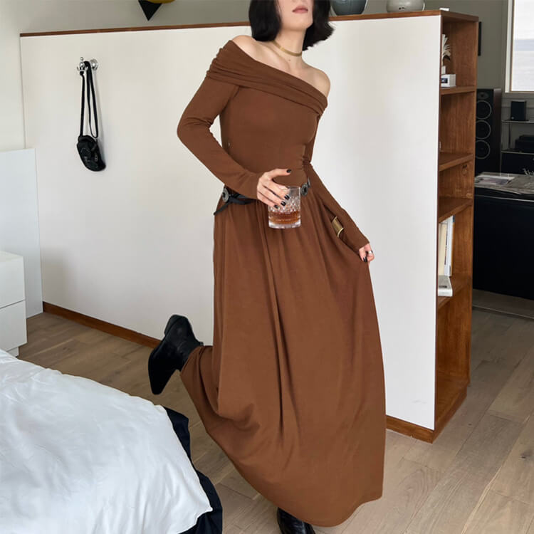 ワンピース レディース 韓国 ロング ストレッチ オフショルダー 長袖 切り替え フィット ロングワンピース セクシー スラッシュドネック 
