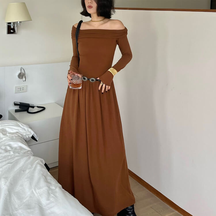 ワンピース レディース 韓国 ロング ストレッチ オフショルダー 長袖 切り替え フィット ロングワンピース セクシー スラッシュドネック 
