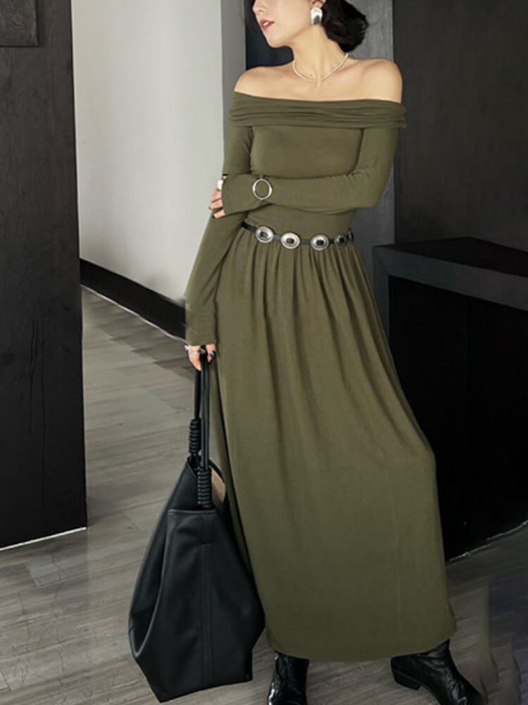 ワンピース レディース 韓国 ロング ストレッチ オフショルダー 長袖 切り替え フィット ロングワンピース セクシー スラッシュドネック 