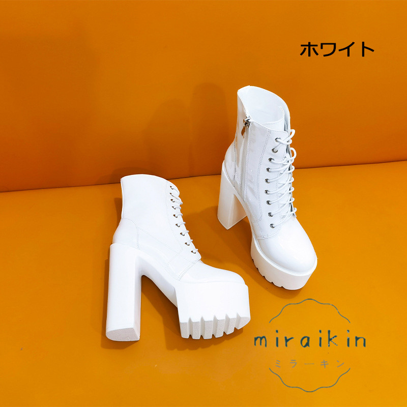 ブーツ レディース ミドルブーツ 履きやすい 痛くない 14CMヒール 22.5-26.5CM エナメル 仕事 太めヒール 厚底 通勤用 歩きやすい 黒 編み上げ 高見え 白 