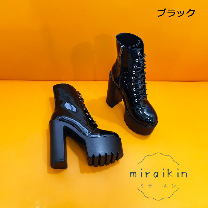 ブーツ レディース ミドルブーツ 履きやすい 痛くない 14CMヒール 22.5-26.5CM エナメル 仕事 太めヒール 厚底 通勤用 歩きやすい 黒 編み上げ 高見え 白 