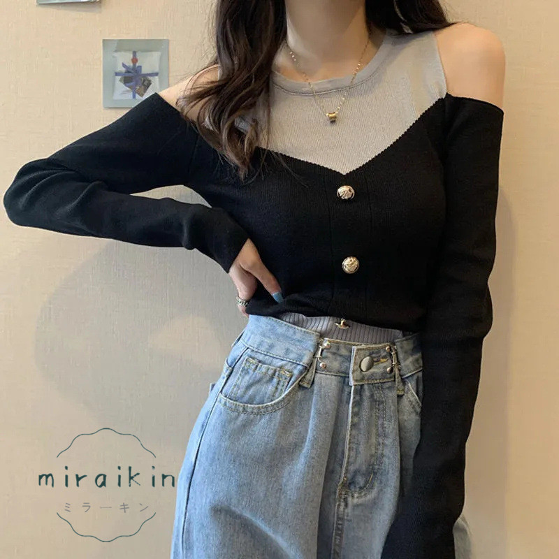 ニットトップス 長袖 リブニット 肩出し ボタンデザイン ドッキング オシャレ セーター 韓国ファッション セクシー 送料無料 オフショルダー 綺麗 おしゃれ 