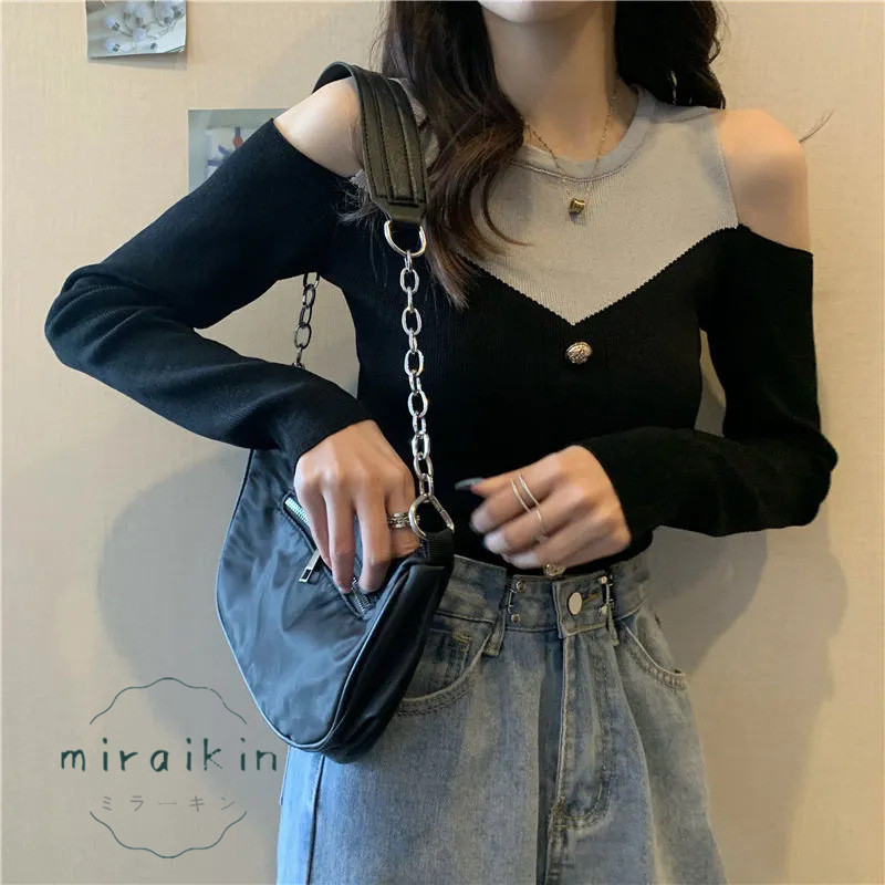 ニットトップス 長袖 リブニット 肩出し ボタンデザイン ドッキング オシャレ セーター 韓国ファッション セクシー 送料無料 オフショルダー 綺麗 おしゃれ 