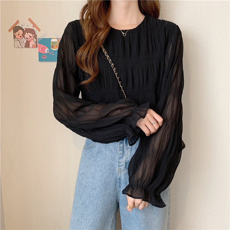 ブラウス レディース シャツ 長袖 プルオーバー ラウンドネック シンプル 可愛い シアー シャーリング フリル 透け感 フレア袖 大人 カジュアル 