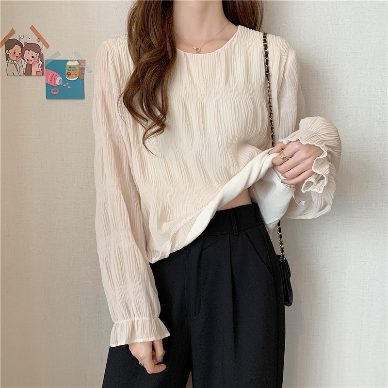 ブラウス レディース シャツ 長袖 プルオーバー ラウンドネック シンプル 可愛い シアー シャーリング フリル 透け感 フレア袖 大人 カジュアル 