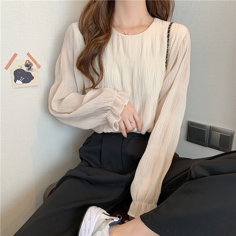 ブラウス レディース シャツ 長袖 プルオーバー ラウンドネック シンプル 可愛い シアー シャーリング フリル 透け感 フレア袖 大人 カジュアル 