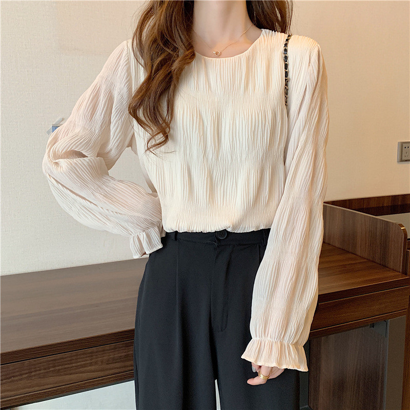 ブラウス レディース シャツ 長袖 プルオーバー ラウンドネック シンプル 可愛い シアー シャーリング フリル 透け感 フレア袖 大人 カジュアル 