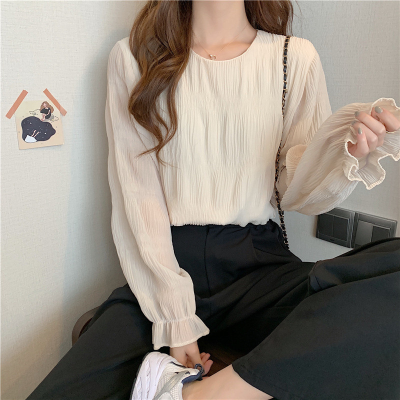 ブラウス レディース シャツ 長袖 プルオーバー ラウンドネック シンプル 可愛い シアー シャーリング フリル 透け感 フレア袖 大人 カジュアル 