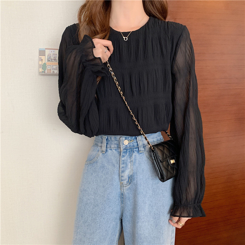 ブラウス レディース シャツ 長袖 プルオーバー ラウンドネック シンプル 可愛い シアー シャーリング フリル 透け感 フレア袖 大人 カジュアル 