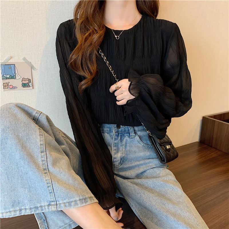 ブラウス レディース シャツ 長袖 プルオーバー ラウンドネック シンプル 可愛い シアー シャーリング フリル 透け感 フレア袖 大人 カジュアル 
