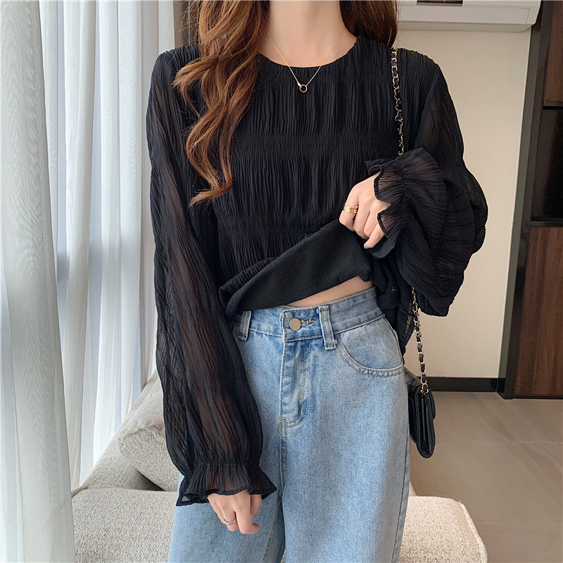 ブラウス レディース シャツ 長袖 プルオーバー ラウンドネック シンプル 可愛い シアー シャーリング フリル 透け感 フレア袖 大人 カジュアル 
