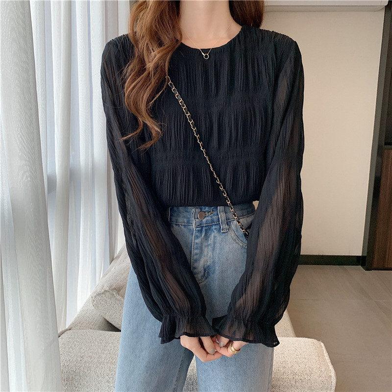 ブラウス レディース シャツ 長袖 プルオーバー ラウンドネック シンプル 可愛い シアー シャーリング フリル 透け感 フレア袖 大人 カジュアル 