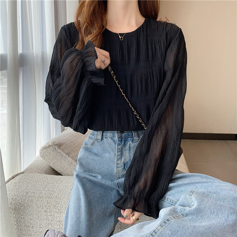 ブラウス レディース シャツ 長袖 プルオーバー ラウンドネック シンプル 可愛い シアー シャーリング フリル 透け感 フレア袖 大人 カジュアル 