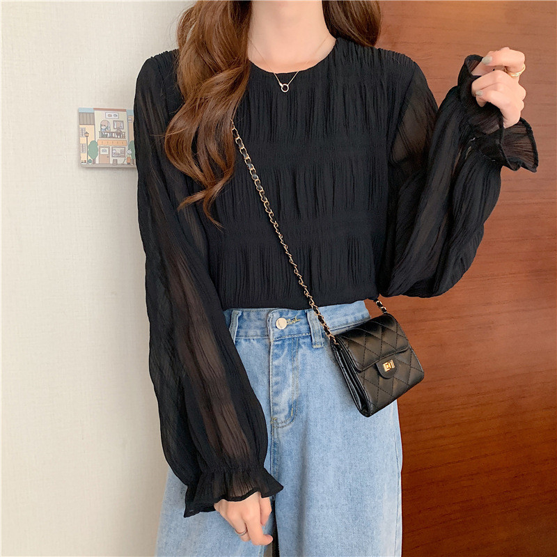 ブラウス レディース シャツ 長袖 プルオーバー ラウンドネック シンプル 可愛い シアー シャーリング フリル 透け感 フレア袖 大人 カジュアル 