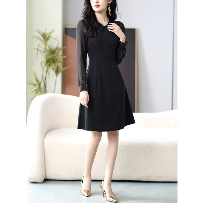 シースルー長袖 襟付きスレンダー膝丈ワンピース 黒 パーティー 発表会 大人 ファッション 韓国 上品 レディース 服 