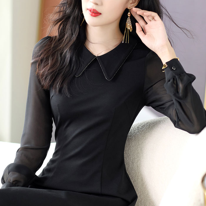 シースルー長袖 襟付きスレンダー膝丈ワンピース 黒 パーティー 発表会 大人 ファッション 韓国 上品 レディース 服 