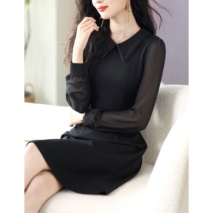 シースルー長袖 襟付きスレンダー膝丈ワンピース 黒 パーティー 発表会 大人 ファッション 韓国 上品 レディース 服 