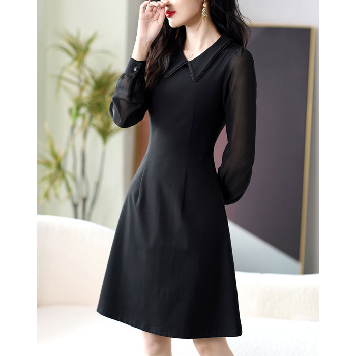 シースルー長袖 襟付きスレンダー膝丈ワンピース 黒 パーティー 発表会 大人 ファッション 韓国 上品 レディース 服 