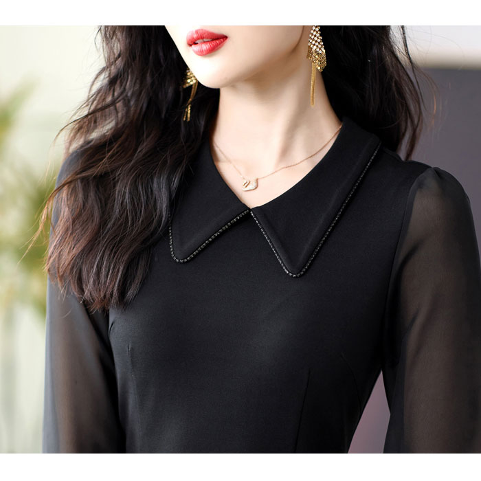 シースルー長袖 襟付きスレンダー膝丈ワンピース 黒 パーティー 発表会 大人 ファッション 韓国 上品 レディース 服 