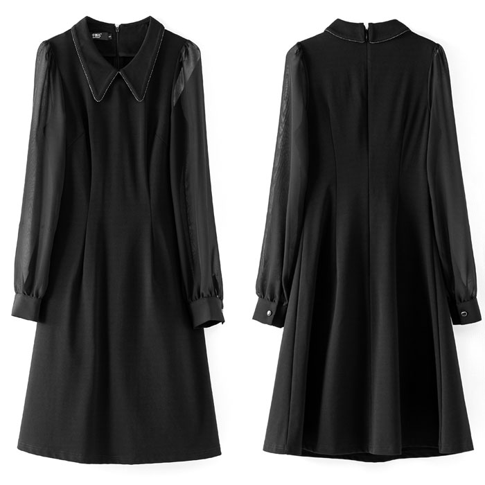 シースルー長袖 襟付きスレンダー膝丈ワンピース 黒 パーティー 発表会 大人 ファッション 韓国 上品 レディース 服 