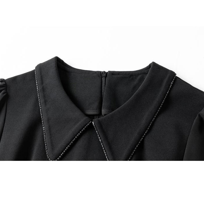 シースルー長袖 襟付きスレンダー膝丈ワンピース 黒 パーティー 発表会 大人 ファッション 韓国 上品 レディース 服 