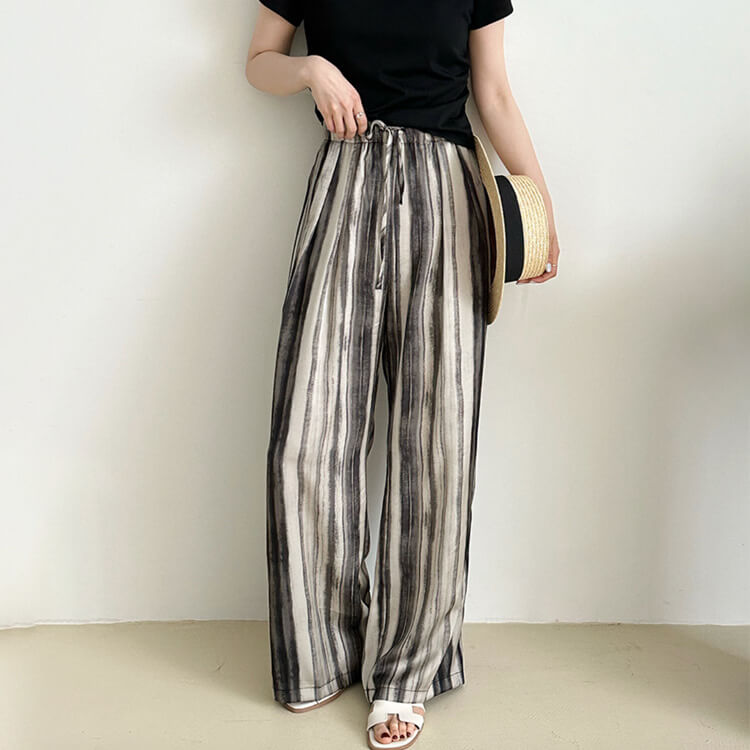 ワイドパンツ レディース 韓国 ストライプ 柄 モノトーン ゆったり ストレート ロングパンツ エレおしゃれ ロング丈 らくちん 