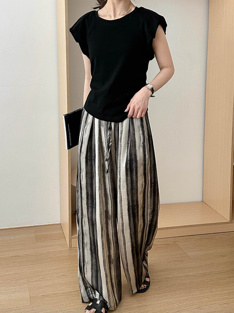 ワイドパンツ レディース 韓国 ストライプ 柄 モノトーン ゆったり ストレート ロングパンツ エレおしゃれ ロング丈 らくちん 