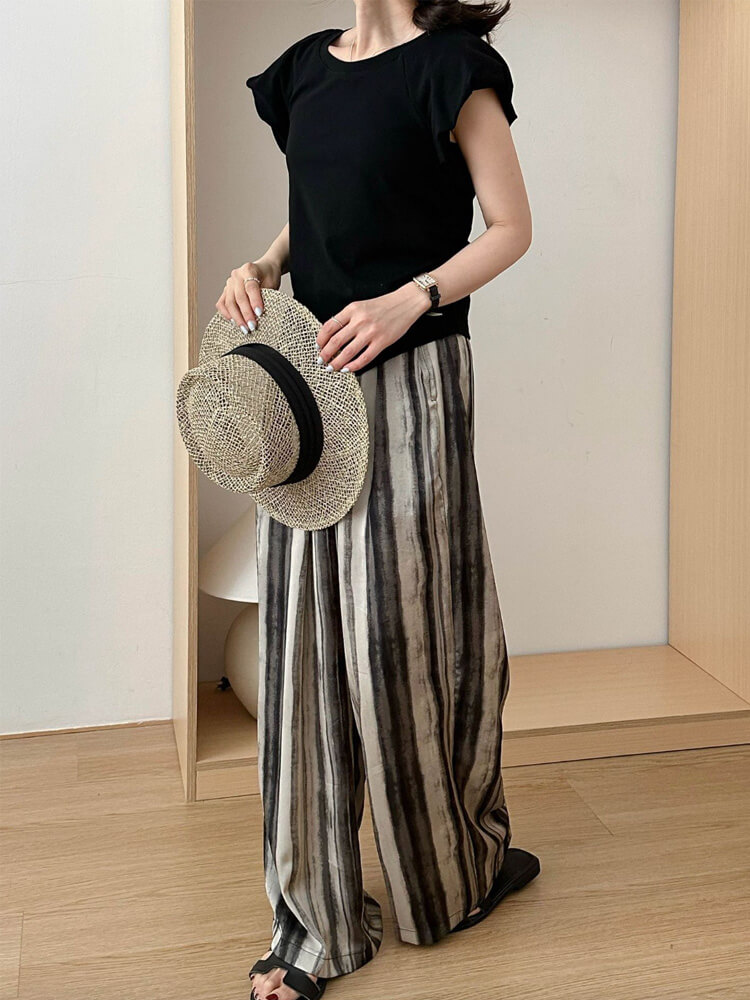 ワイドパンツ レディース 韓国 ストライプ 柄 モノトーン ゆったり ストレート ロングパンツ エレおしゃれ ロング丈 らくちん 