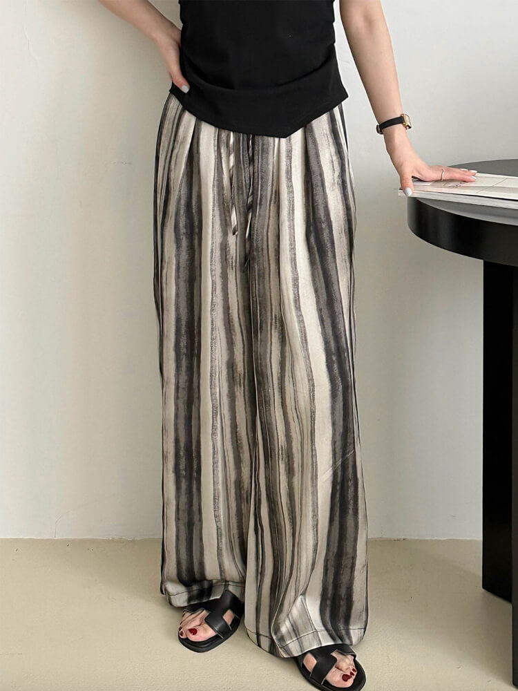 ワイドパンツ レディース 韓国 ストライプ 柄 モノトーン ゆったり ストレート ロングパンツ エレおしゃれ ロング丈 らくちん 