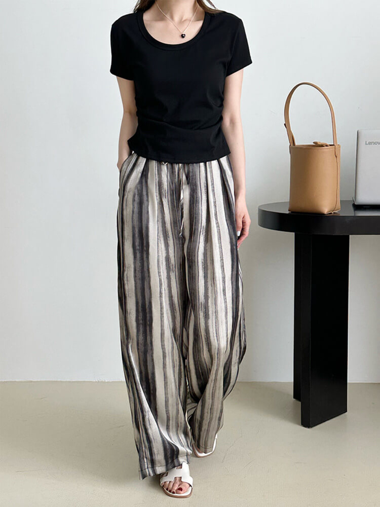 ワイドパンツ レディース 韓国 ストライプ 柄 モノトーン ゆったり ストレート ロングパンツ エレおしゃれ ロング丈 らくちん 