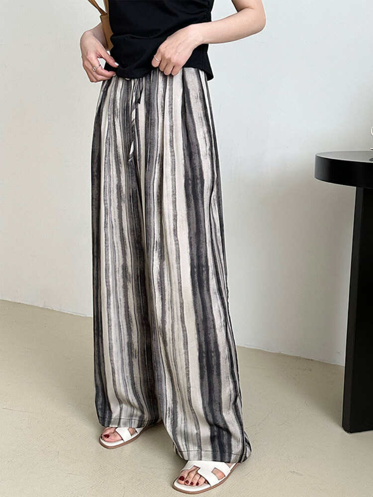 ワイドパンツ レディース 韓国 ストライプ 柄 モノトーン ゆったり ストレート ロングパンツ エレおしゃれ ロング丈 らくちん 