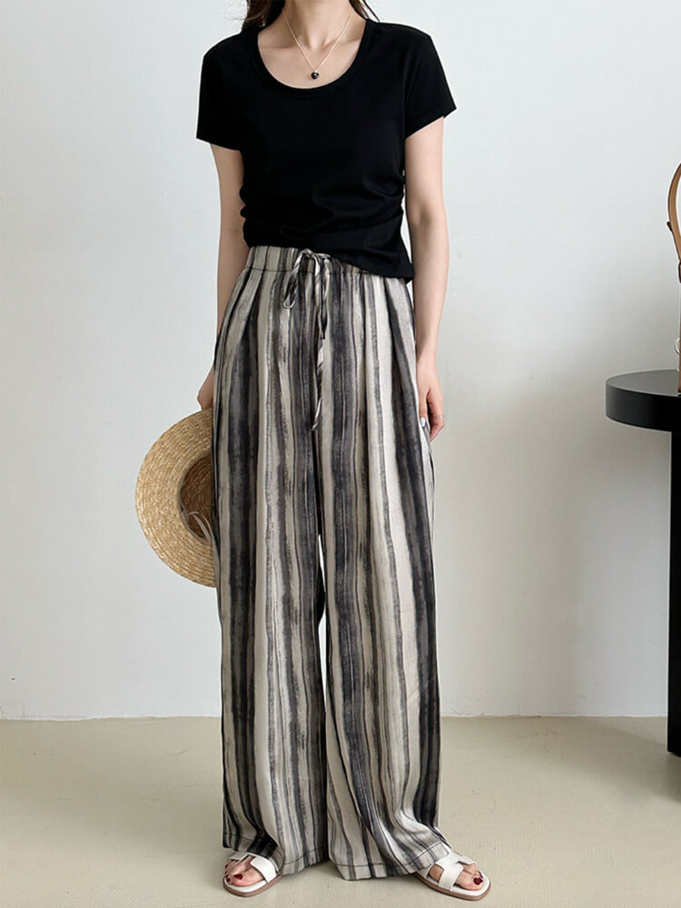 ワイドパンツ レディース 韓国 ストライプ 柄 モノトーン ゆったり ストレート ロングパンツ エレおしゃれ ロング丈 らくちん 