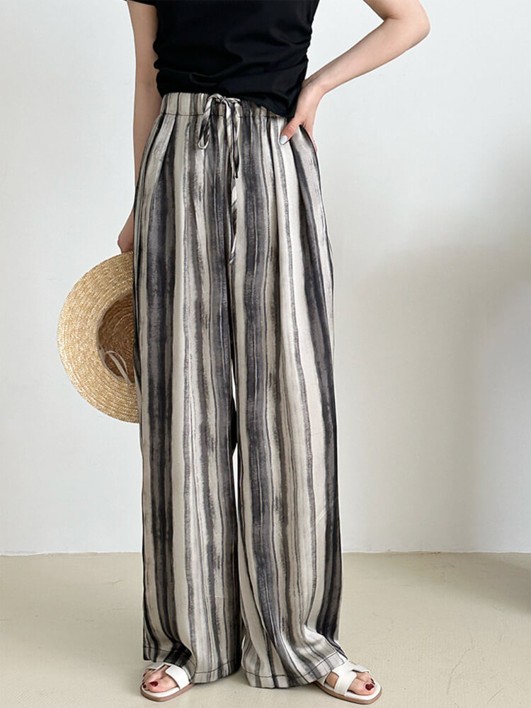 ワイドパンツ レディース 韓国 ストライプ 柄 モノトーン ゆったり ストレート ロングパンツ エレおしゃれ ロング丈 らくちん 