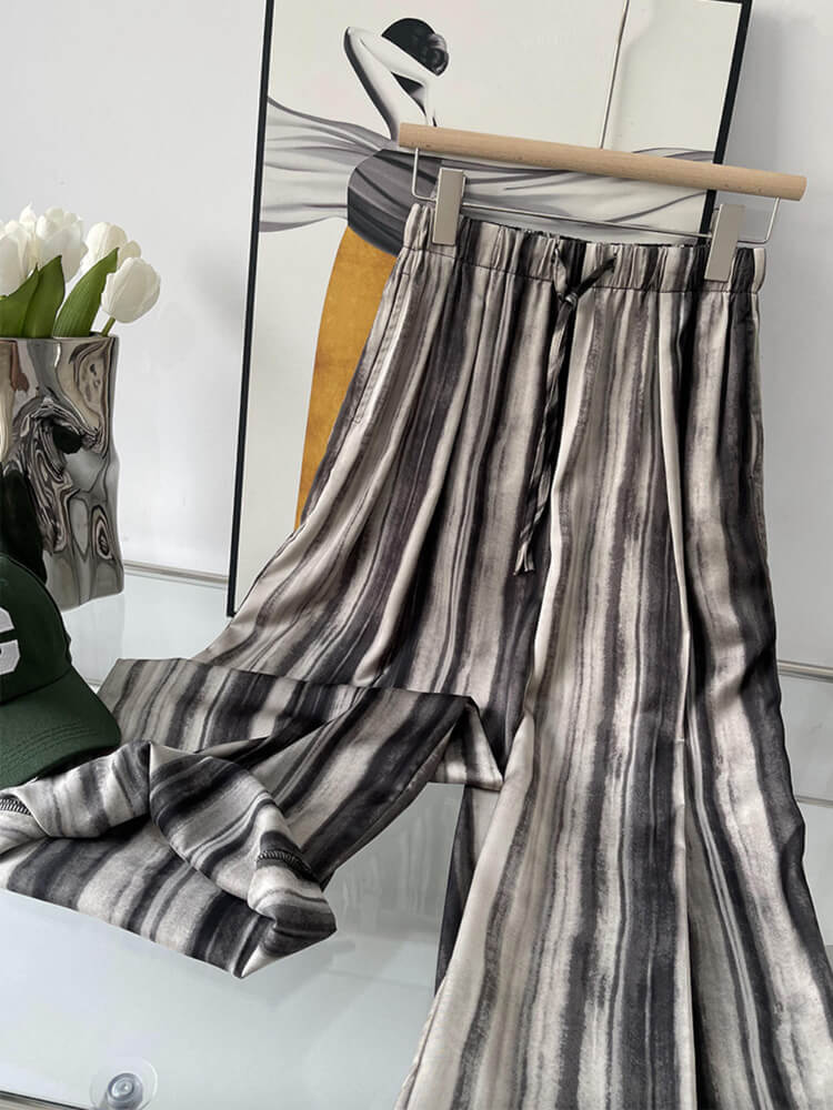 ワイドパンツ レディース 韓国 ストライプ 柄 モノトーン ゆったり ストレート ロングパンツ エレおしゃれ ロング丈 らくちん 
